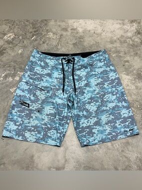 Pelagic 4TEK Board Shorts Mens Blue Digital Camo Drawstrings Fishing Size 40